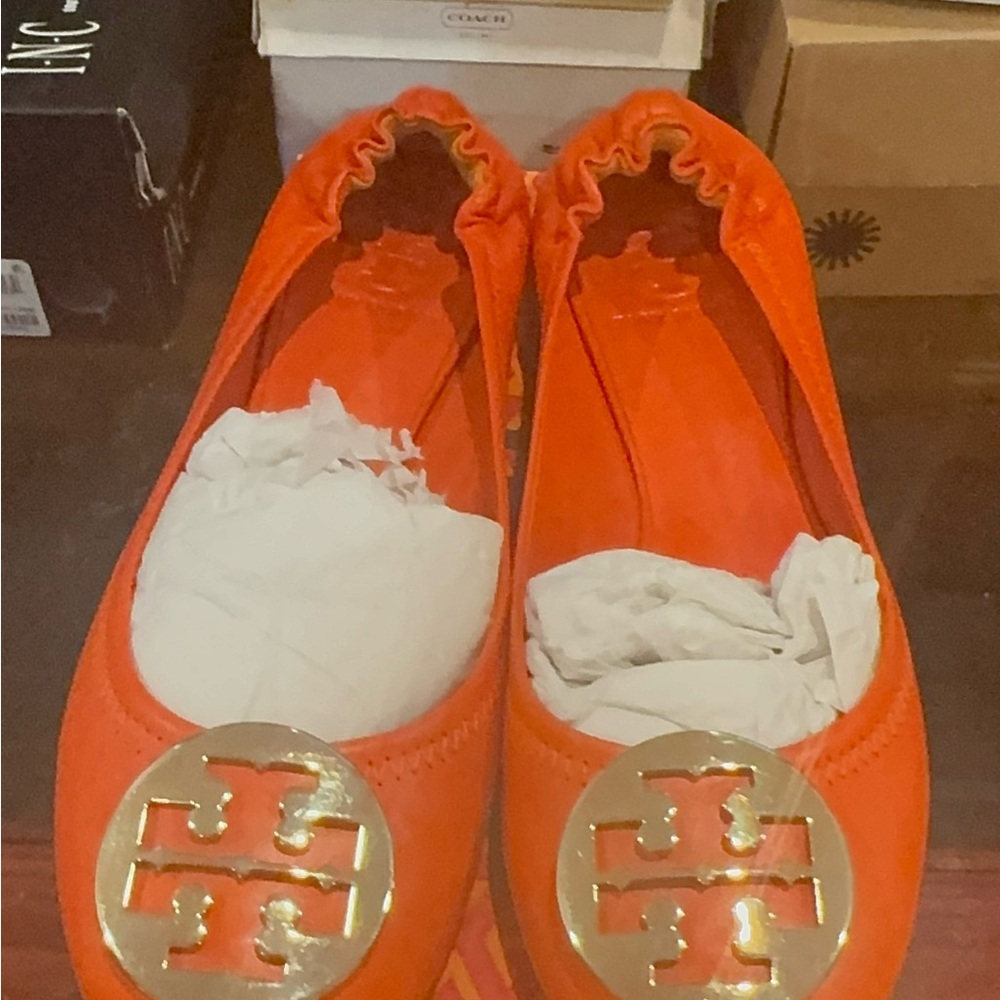 Tory Burch Bright Orange Reva Ballet Flats with Gold Logo